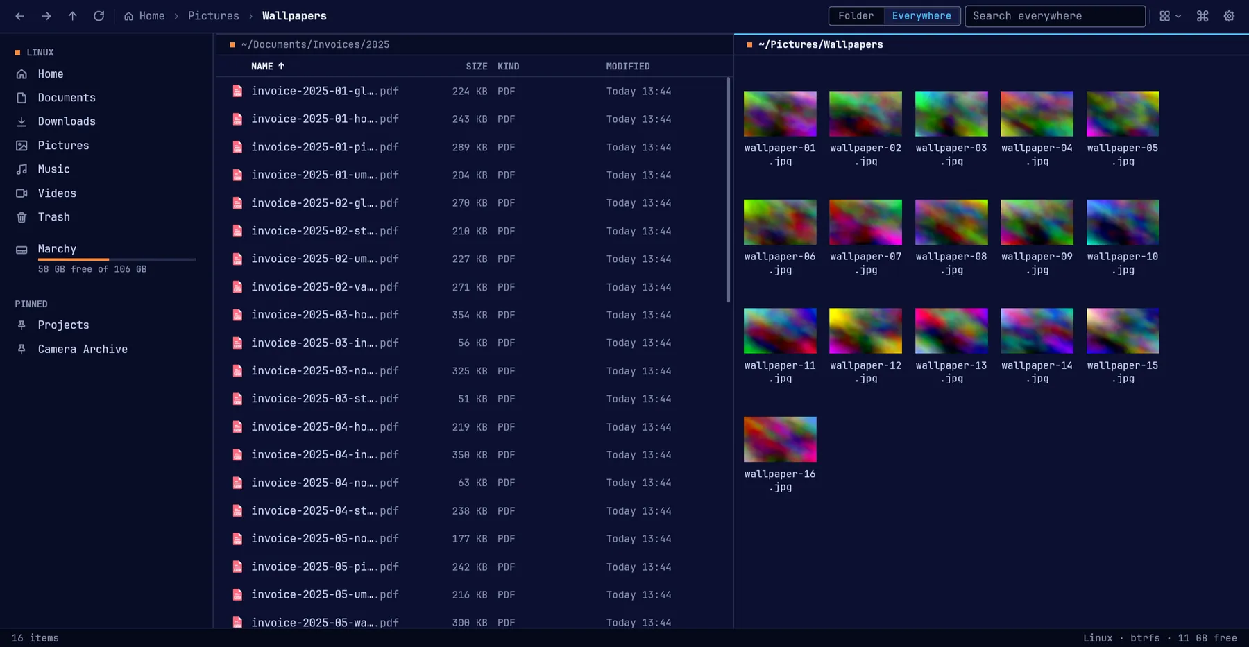 EchoFiles in dual pane, with a folder of invoices on the left and wallpapers on the right.